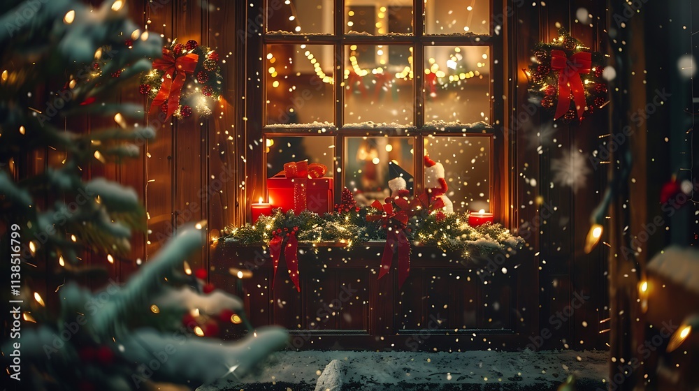 A festive holiday window display with Christmas-themed decor A festive holiday window display with Christmas-themed decor