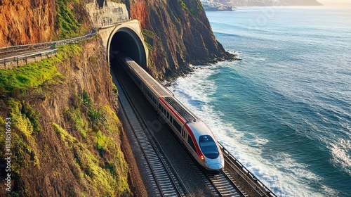 A high-speed train emerging from a tunnel on a coastal track, with the ocean and cliffs coming into view as the train moves into daylight