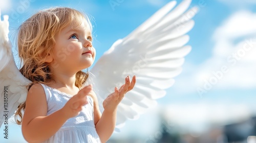 A whimsical portrayal of a young girl with angelic wings, gazing upwards with a sense of wonder and innocence against a serene blue sky backdrop, capturing pure joy and imagination.
