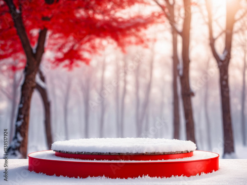 Red Podium in Snowy Winter Forest.