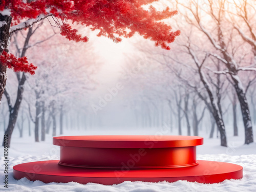 Red Podium in Snowy Winter Forest