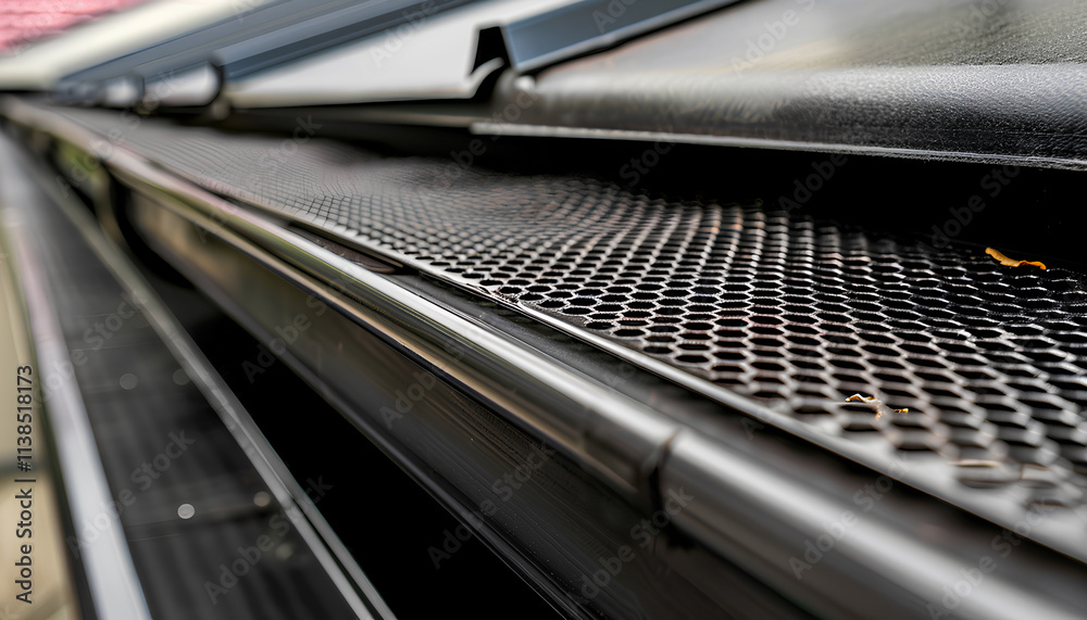 Closeup of house rain gutter with leaf guard screen and leaves. Home maintenance, yardwork and roof damage concept Closeup of house rain gutter with leaf guard screen and leaves. Home maintenance, yardwork and roof damage concept