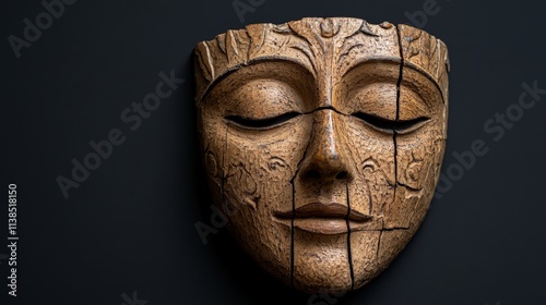 Ancient Egyptian Funeral Mask: A weathered wooden mask with intricate carvings, a timeless testament to ancient Egyptian funerary rituals, evoking mystery and reverence. 