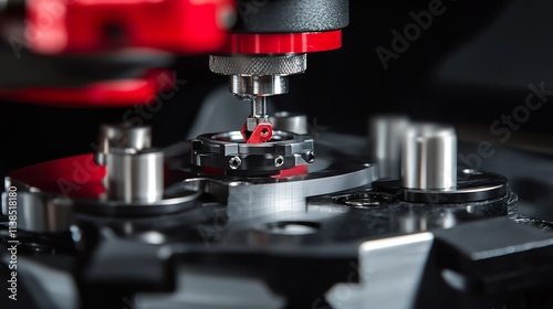 Close-up of precision CNC machining process, a drill bit working on a small metal part.