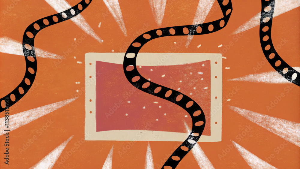 Naklejka premium A vibrant orange background features a twisting filmstrip that spirals around a rectangular shape in the center. Radiating white lines add a dynamic sense of movement and energy to the composition.AI 