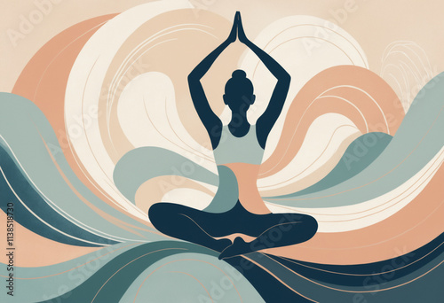 Stylized silhouette of a woman practicing yoga in meditation against flowing wave patterns
