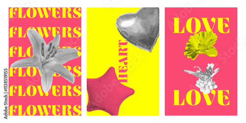 Set of Valentine's Day posters with hearts and abstract elements with noisy texture.