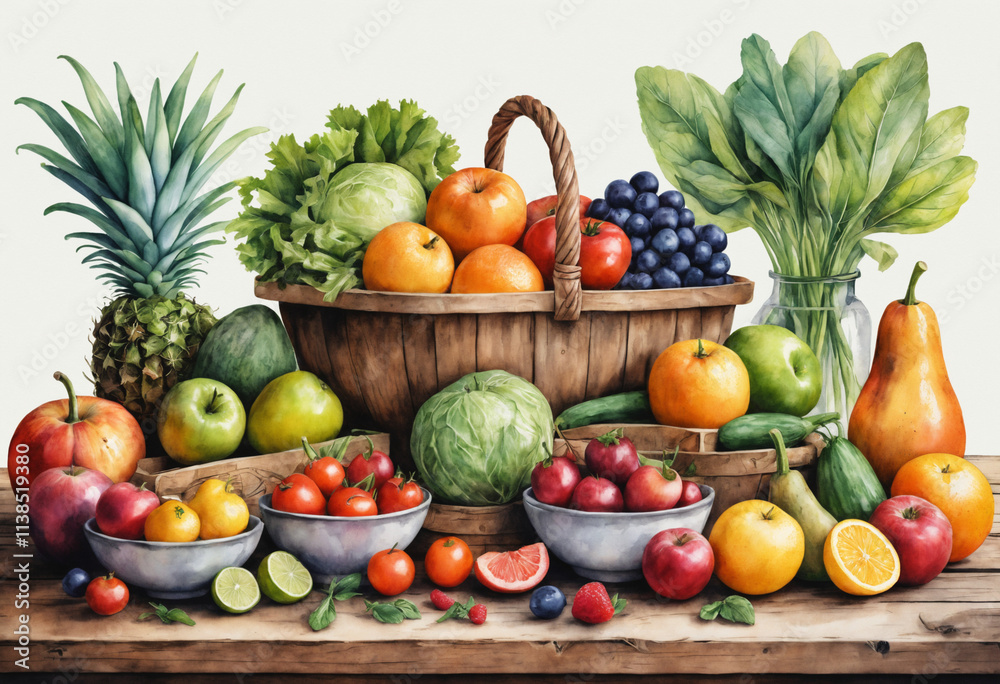 Fresh harvest with assorted fruits and vegetables in baskets Fresh harvest with assorted fruits and vegetables in baskets