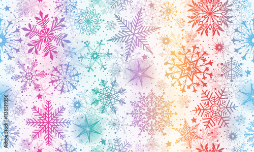 Vector Christmas colorful gradient hand drawn seamless pattern with doodle snowflakes  and stars on white background