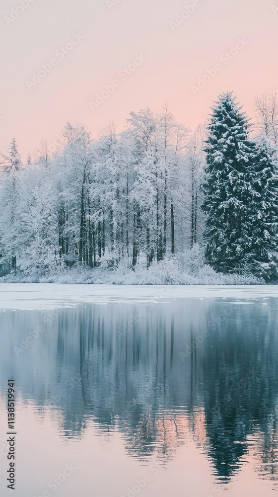 Fototapeta premium Serene Winter Landscape with Snow-Covered Trees Reflecting on Calm Water at Dawn in a Peaceful Natural Environment