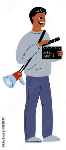 A man holding a camera and a clapperboard