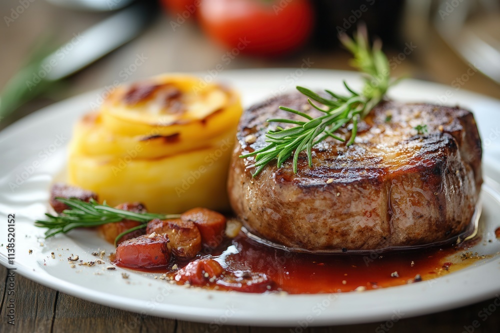 Succulent grilled steak with glazed sauce and rosemary on a dinner plate. Succulent grilled steak with glazed sauce and rosemary on a dinner plate.
