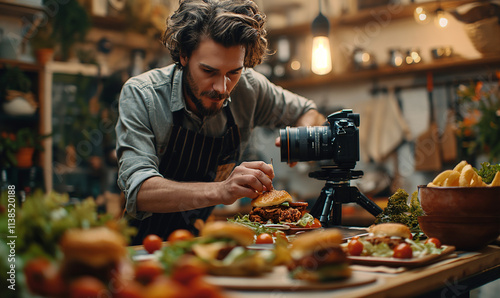 Food photographer. Food photographer taking pictures of different products in a studio. Business and profession. blogging, profession and people concept.