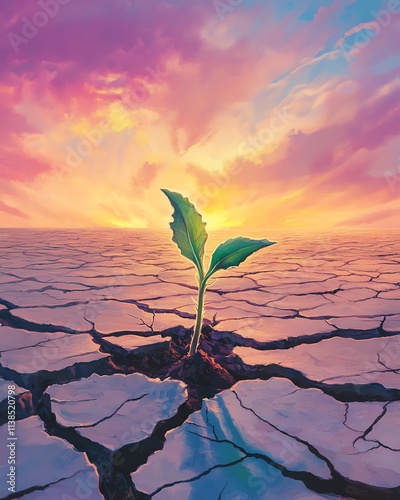 A resilient plant emerges from cracked earth, symbolizing hope and renewal in adversity. photo