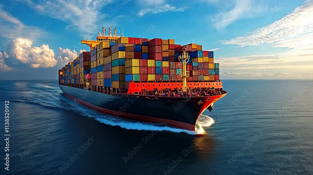 A large cargo ship navigates the open sea, representing global trade and logistics.
