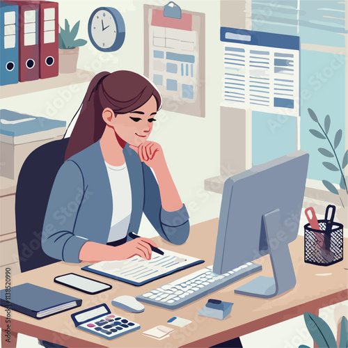 a woman is using his laptop sitting on a chair looking in the laptop  colourful vector on a white background