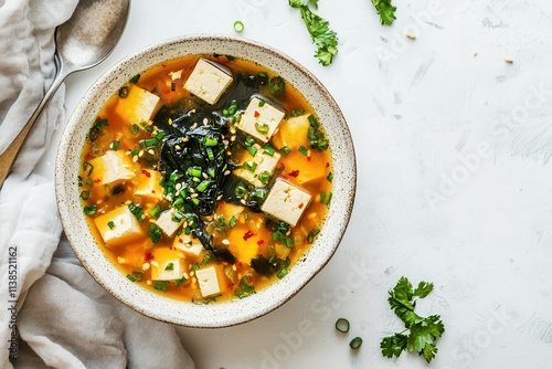 A vibrant bowl of miso soup features silky tofu cubes, savory seaweed, and fresh scallions. The soup exudes warmth and comfort, set against a clean white background that enhances its appetizing appeal photo