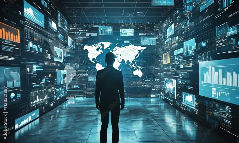 Person in front of global data screens in a digital room. Ideal for technology, big data, analytics, information, digital marketing concepts.