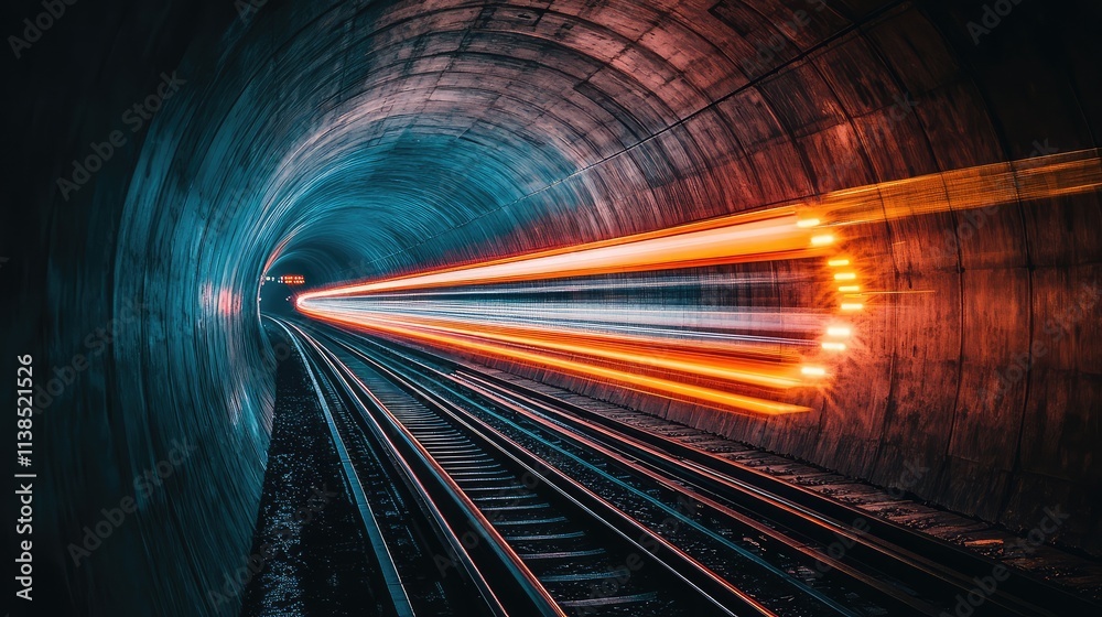 A high-speed train exiting a tunnel, with the lights from the train cutting through the dark tunnel while a bright, open horizon comes into view A high-speed train exiting a tunnel, with the lights from the train cutting through the dark tunnel while a bright, open horizon comes into view