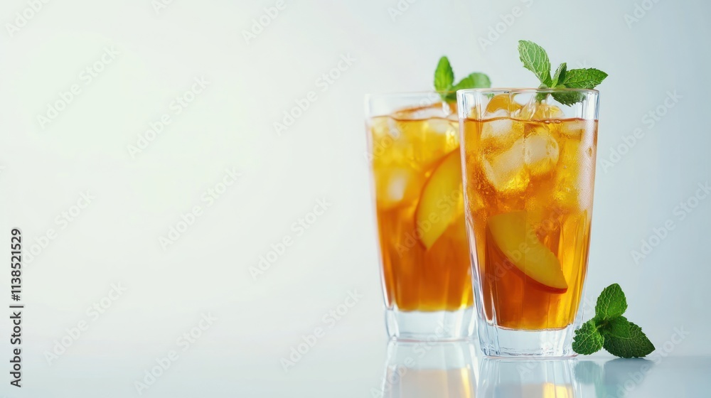 Two refreshing iced tea glasses with mint and fruit slices, perfect for a summer drink. Two refreshing iced tea glasses with mint and fruit slices, perfect for a summer drink.