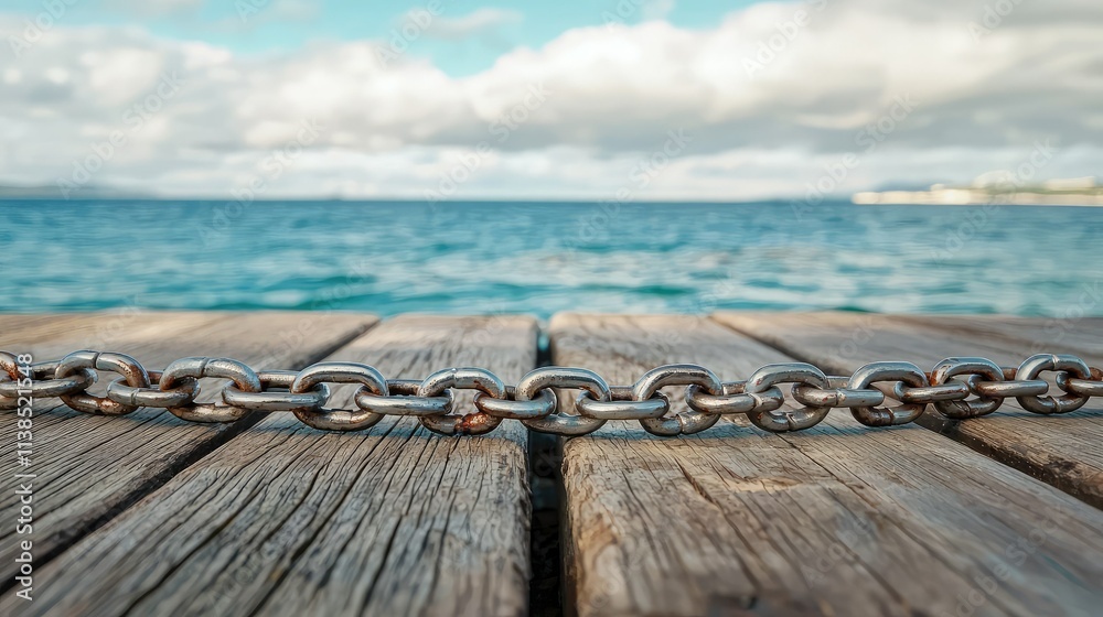 Obraz premium Close-Up of Metallic Chain Over Weathered Wooden Dock Beside Calm Ocean Waters Under Blue Sky with Fluffy White Clouds, Capturing Serenity and Strength
