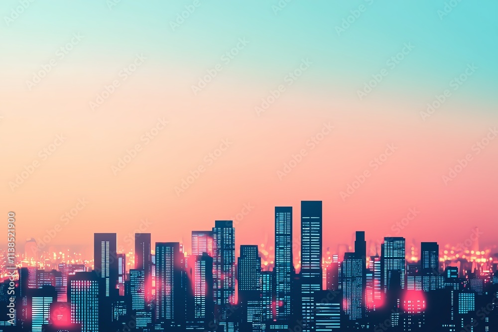 Fototapeta premium A vibrant skyline at dusk with colorful lights illuminating modern buildings.