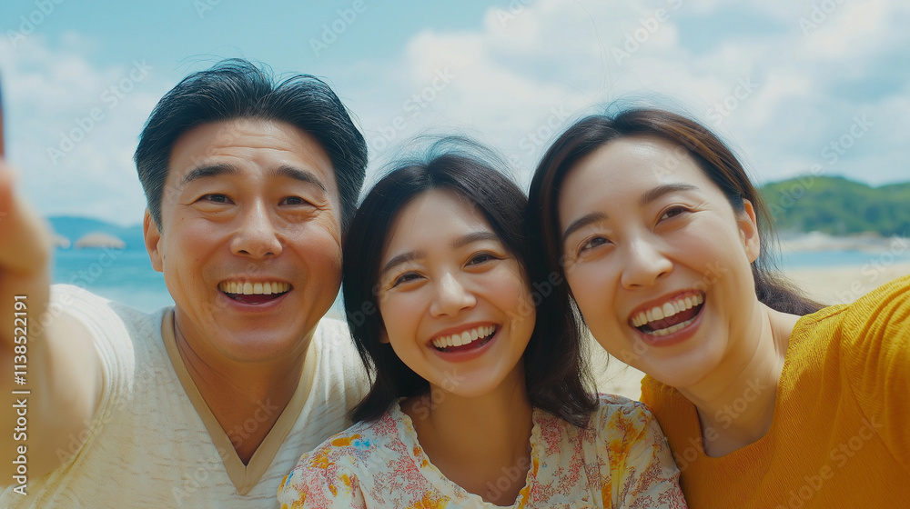 A happy Asian family taking a selfie at the beach, capturing their shared joy and love during a memorable moment of togetherness under the sun. A happy Asian family taking a selfie at the beach, capturing their shared joy and love during a memorable moment of togetherness under the sun.