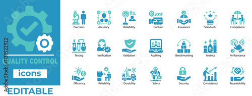  Editable Quality Control Icon Set: Precision, Testing, Auditing, Metrics, and Compliance Perfect for QA Projects