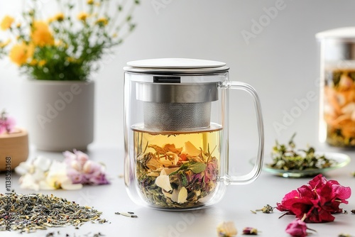 A warm cup of herbal tea is nestled in a transparent glass mug, showcasing a tea infuser filled with vibrant flowers. The clean white background complements the aromatic blend, inviting relaxation and