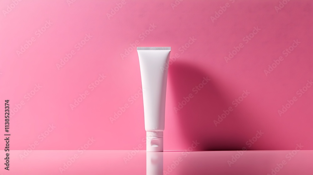White cosmetic tube standing on pink reflective surface with pink background White cosmetic tube standing on pink reflective surface with pink background