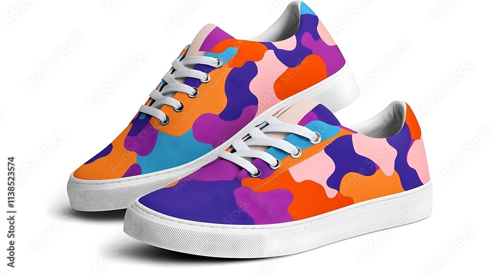 Colorful Abstract Camo Low Top Sneakers White Sole Vivid Design