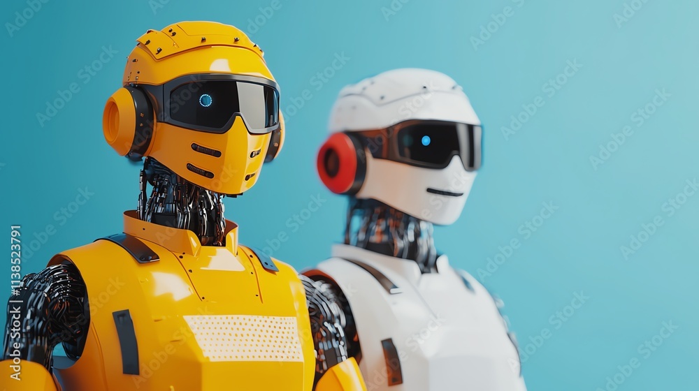 Two futuristic robots with vibrant colors and modern designs against a blue background. Two futuristic robots with vibrant colors and modern designs against a blue background.