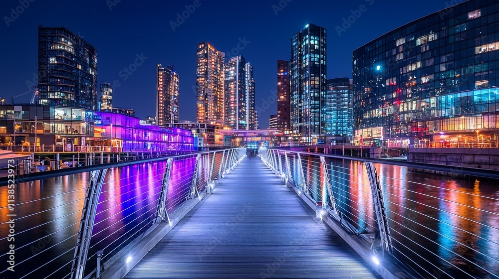 Obraz premium Night cityscape with illuminated bridge and modern skyscrapers reflecting on water.