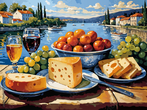 cheese, fruits and wine mediterrenean landscape photo