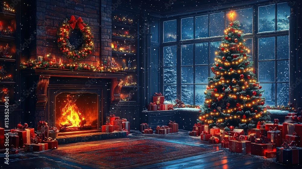 A traditional country house living room is decorated with lights and candles. Large stone open fireplace. Christmas gifts and souvenirs. A traditional country house living room is decorated with lights and candles. Large stone open fireplace. Christmas gifts and souvenirs.