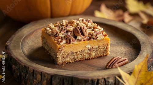 Wallpaper Mural A slice of pumpkin crunch cake topped with crushed pecans, placed on a rustic wooden plate with autumnal leaves Torontodigital.ca