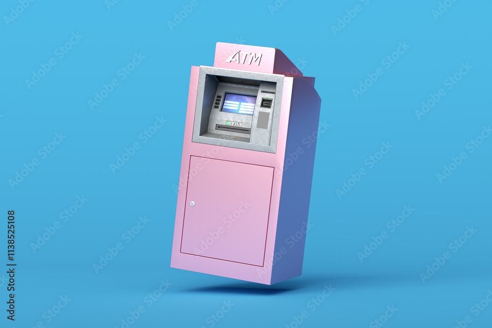 Pink atm floating on a light blue background Pink atm floating on a light blue background