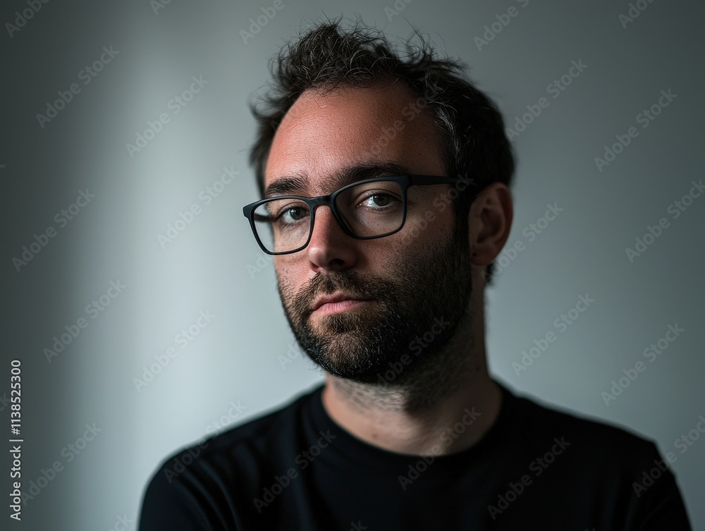 Moody Portrait of Thoughtful Caucasian Man with Glasses and Beard in Soft Low-Light Setting, Capturing Introspective Expression and Artistic Depth. Moody Portrait of Thoughtful Caucasian Man with Glasses and Beard in Soft Low-Light Setting, Capturing Introspective Expression and Artistic Depth.