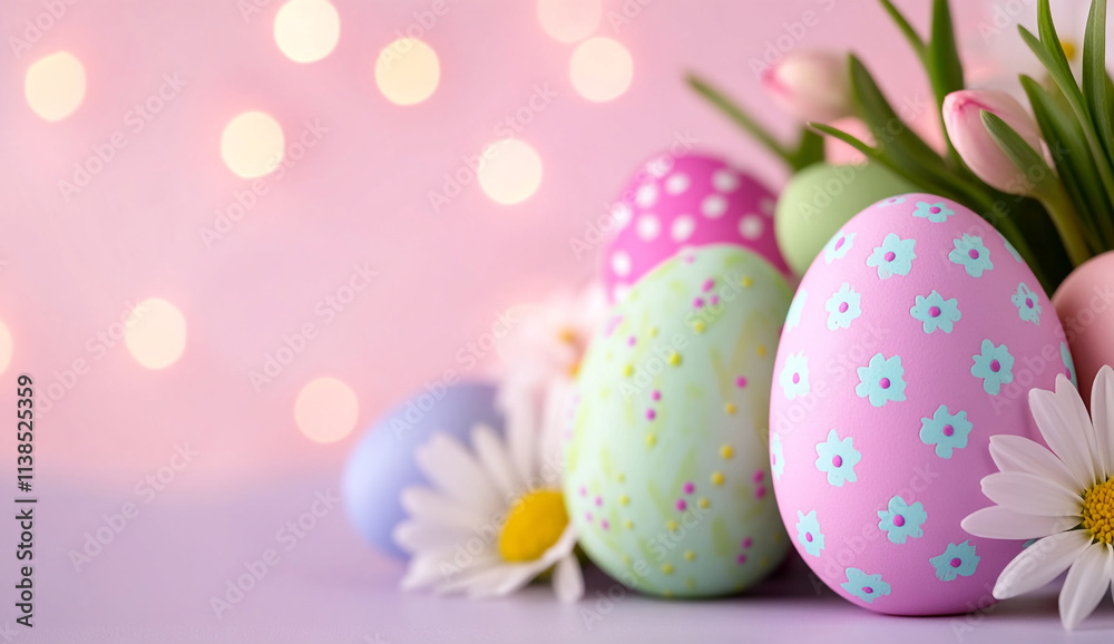 Pastel Easter Bokeh Lights with Eggs and Spring Flowers Pastel Easter Bokeh Lights with Eggs and Spring Flowers