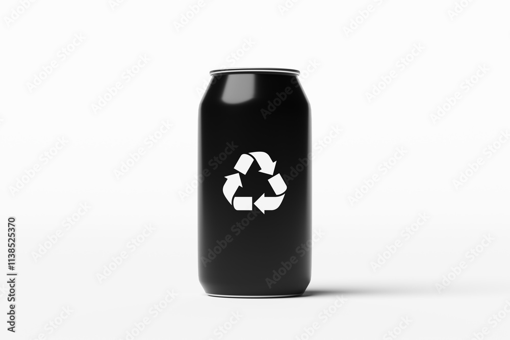 Obraz premium Black aluminum can promoting recycling with white symbol on white background
