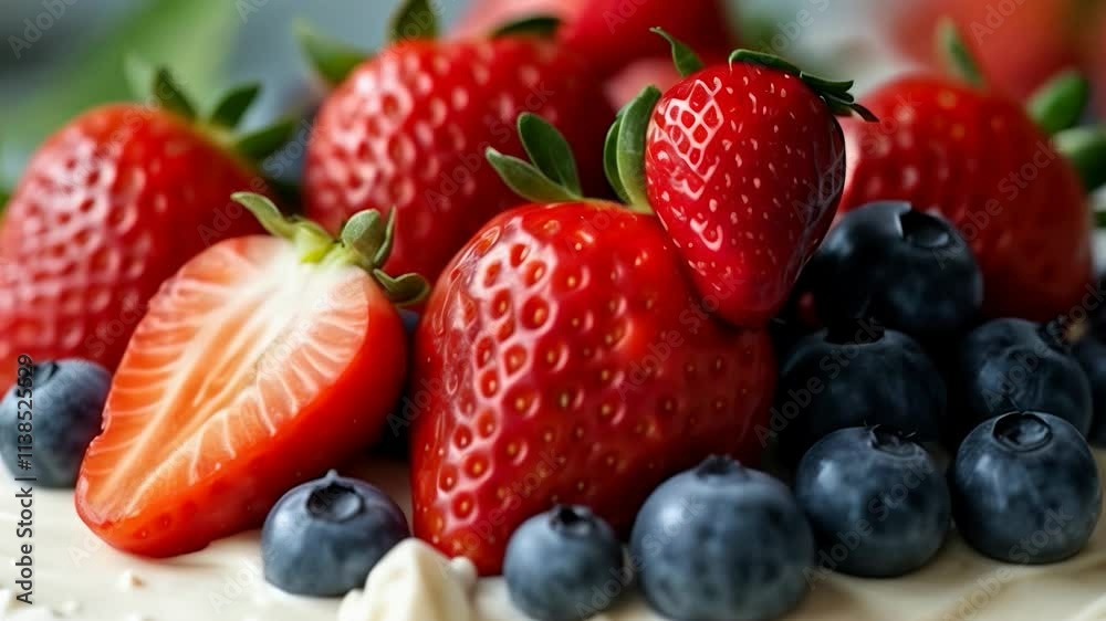 Fresh strawberries and blueberries being arranged on a creamy dessert for an appealing presentation Fresh strawberries and blueberries being arranged on a creamy dessert for an appealing presentation