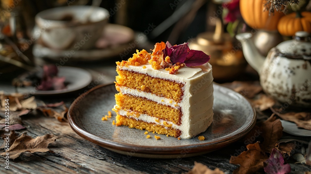 A vibrant slice of pumpkin crunch cake surrounded by dried leaves and vintage tableware, placed on a weathered wooden table A vibrant slice of pumpkin crunch cake surrounded by dried leaves and vintage tableware, placed on a weathered wooden table