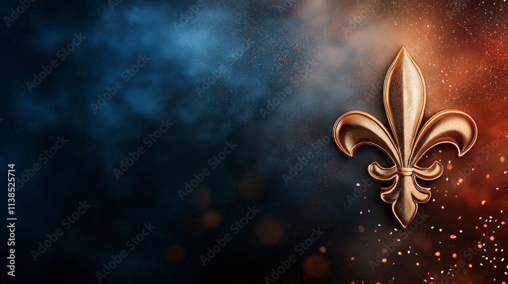 A golden fleur-de-lis symbol against a textured dark blue and orange background, surrounded by glowing sparks and glitter, creating a bold and elegant festive design A golden fleur-de-lis symbol against a textured dark blue and orange background, surrounded by glowing sparks and glitter, creating a bold and elegant festive design