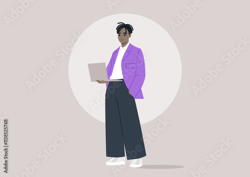 A trendsetting figure in a striking purple jacket stands poised with a laptop, embodying creativity and flair in a serene, pastel environment that inspires innovation