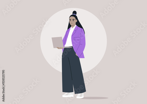 A trendsetting figure in a striking purple jacket stands poised with a laptop, embodying creativity and flair in a serene, pastel environment that inspires innovation