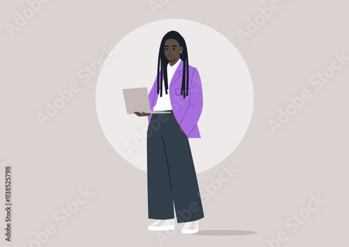 A trendsetting figure in a striking purple jacket stands poised with a laptop, embodying creativity and flair in a serene, pastel environment that inspires innovation