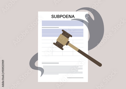 A chilling subpoena and gavel casts an unsettling shadow over the gravity of the legal world, A ghost looms in the background, its presence eerie, suffusing the courtroom with an air of dread