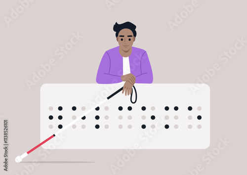 A young person rests their arms on a large Braille welcome sign, holding a white and red cane, This scene highlights the importance of accessibility and inclusion for everyone