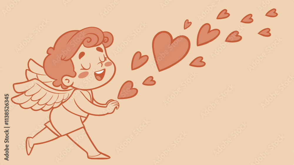 Vector Cherubic Cupid with angel wings and floating red hearts with joyful and whimsical expression on pastel-toned background