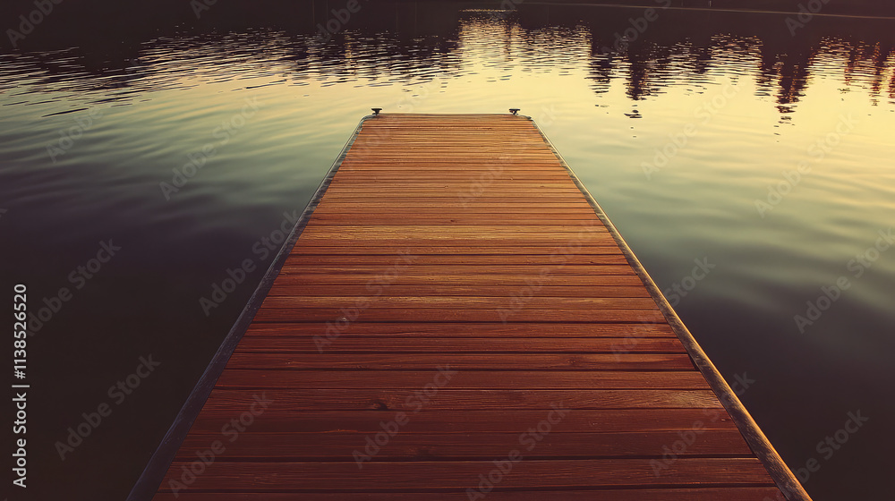 Obraz premium A tranquil lake dock at sunset, with the sky ablaze in colors